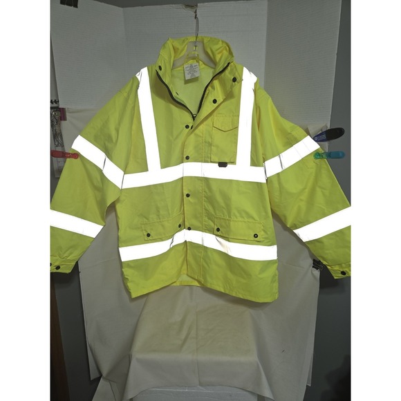 HI‎ VIS Yellow Reflective Detachable Hooded Rain Jacket Boss Manufacturing Large - Picture 1 of 7